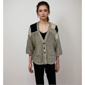 Anthropologie Patchwork Knit Cardigan in Gray, Navy, Mint, Mustard